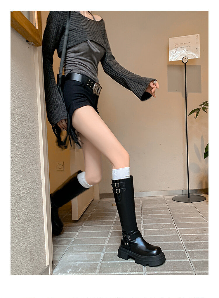 Karin Luna Full Cowhide  miumiu Popular Round Toe Thick Sole Beautiful and height-increasing