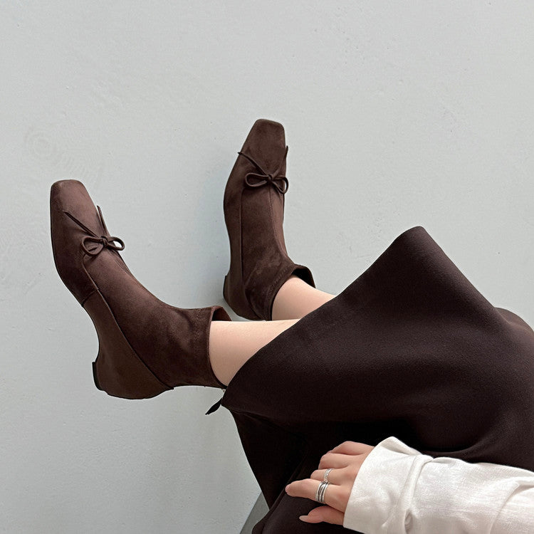 Karin Luna French Style Square Toe Bowknot Hidden Wedge Slim Boots
