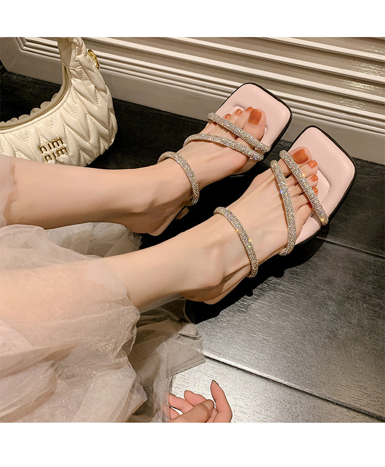 Karin Luna In Stock Spot Goods  Minimalist Versatile Square Toe Rhinestone Strap Open-Toe Sandals