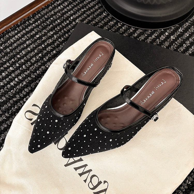 Karin Luna In Stock Spot Goods  Breathable Mesh Fabric Embellished Hand Drill Pointed Toe Slippers