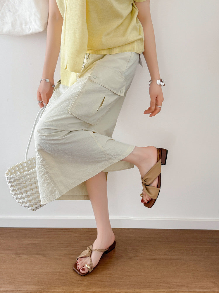 Karin Luna  Square Toe Braided Cross Thick Heel Flat Slippers
