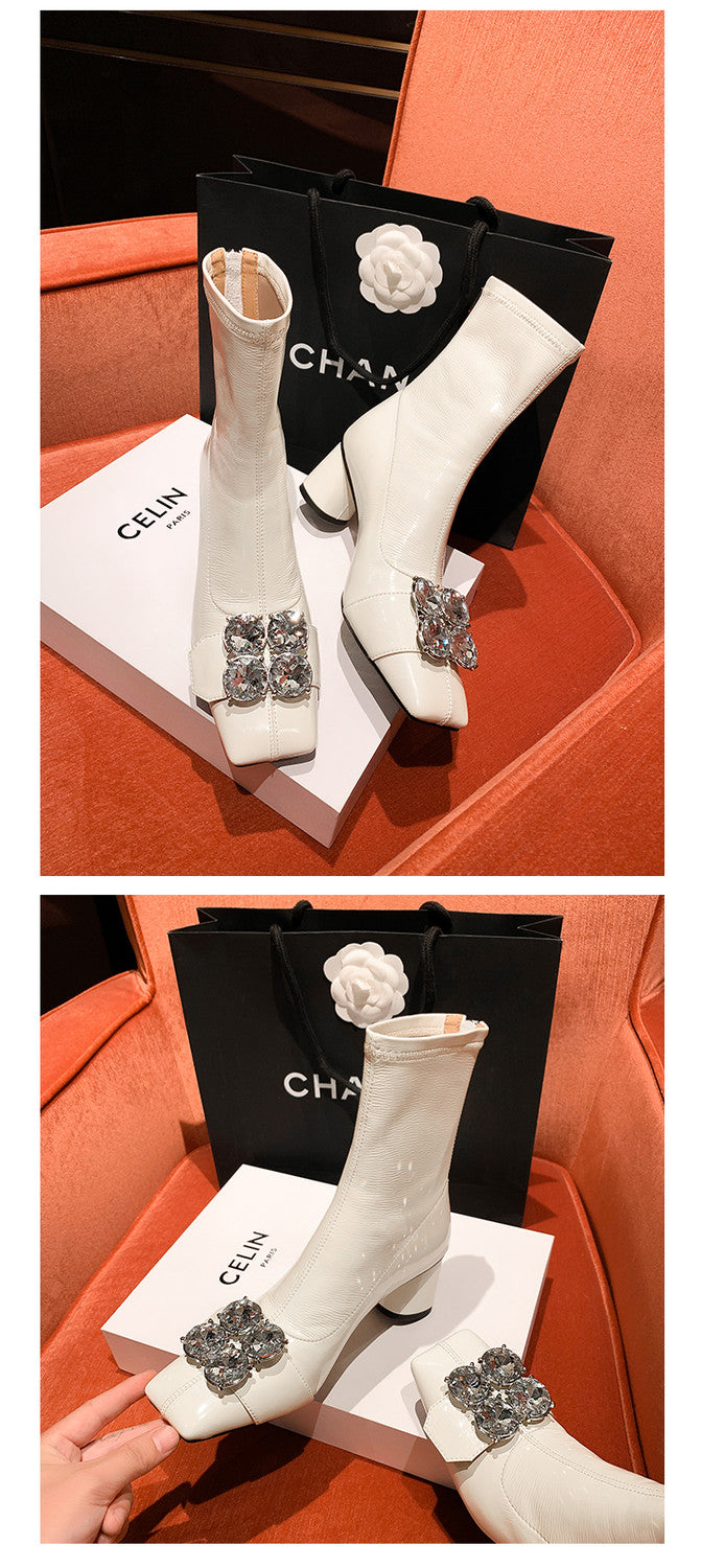 Karin Luna In Stock  Elegant Style Square Toe Rhinestone Chunky Heel Ankle Boots