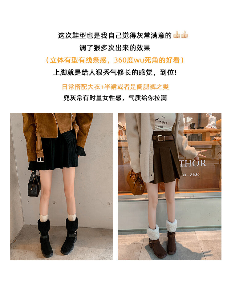 Karin Luna Genuine Lamb Wool and Cowhide Leather Hot-selling Metal Buckle Round Toe Chunky Heel Main Push Main Push