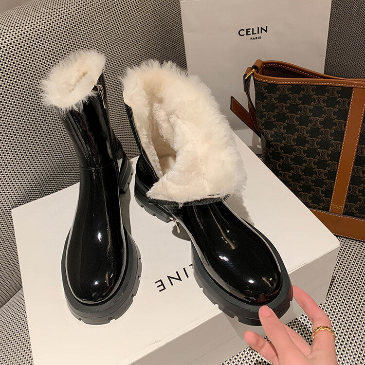 Karin Luna In Stock  Best-selling in stock Thickened Fleece Cow Patent Leather Hot-Selling Flat Short Boots
