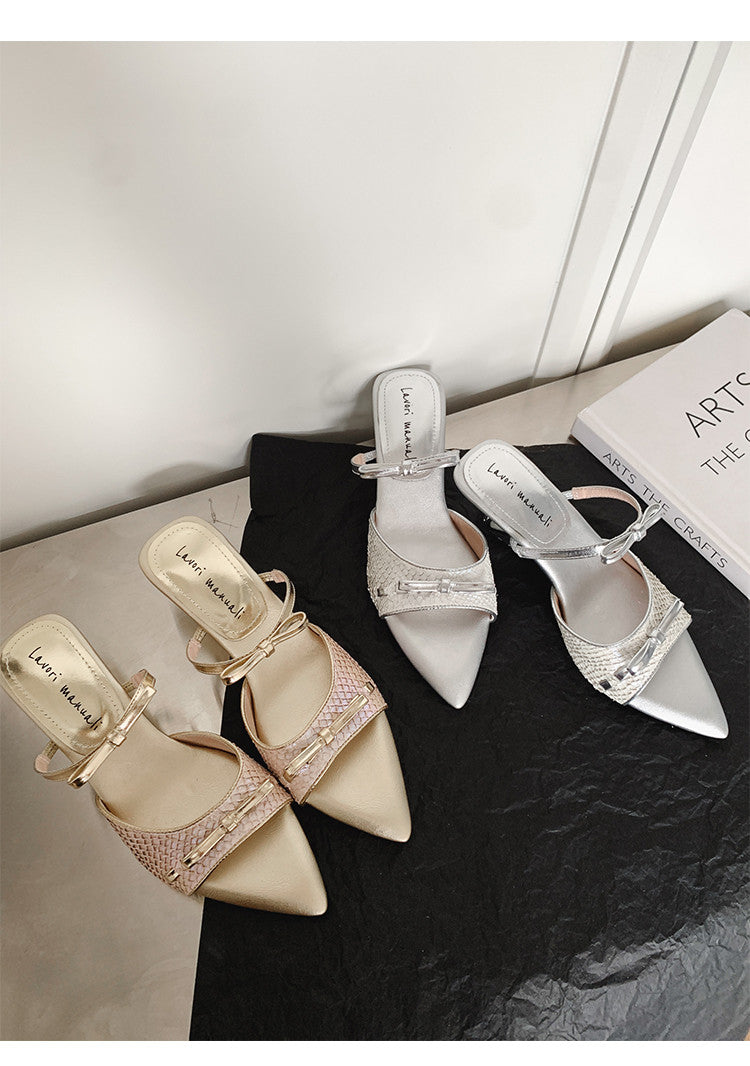 Karin Luna Fish Skin Series~Pointed Toe Irregular Heel Bowknot Strap Slippers