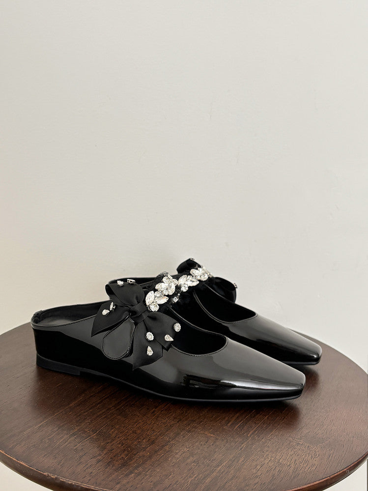 Karin Luna Handmade One-Strap Rhinestone Ribbon Square-Toe Mules