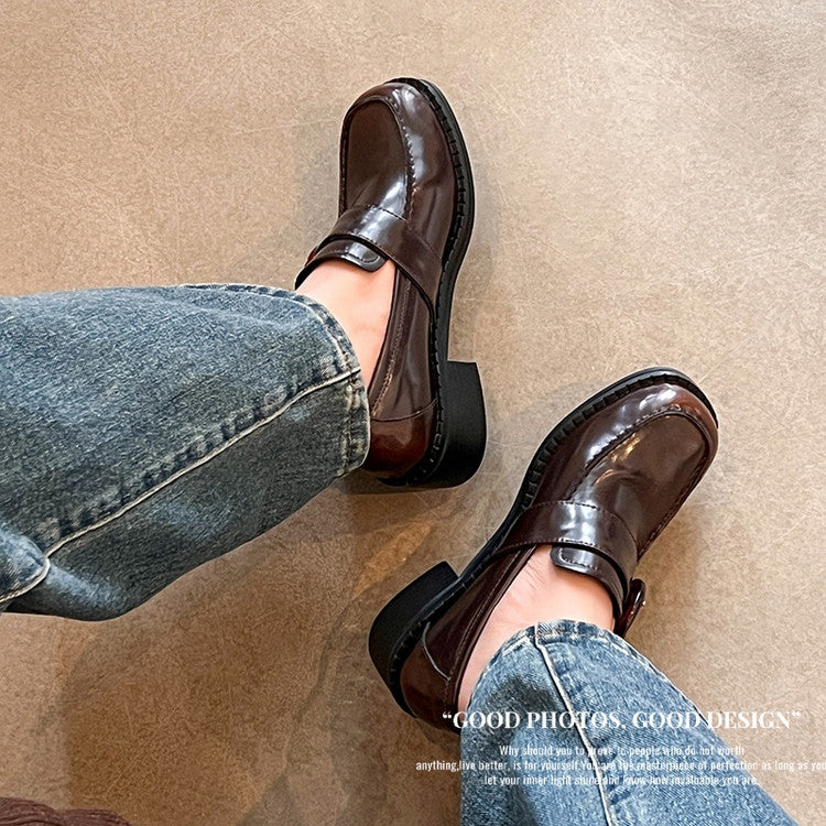 Karin Luna In Stock Spot Goods Vintage Round Buckle Round Toe Flat British Style Deep Mouth Single Shoes