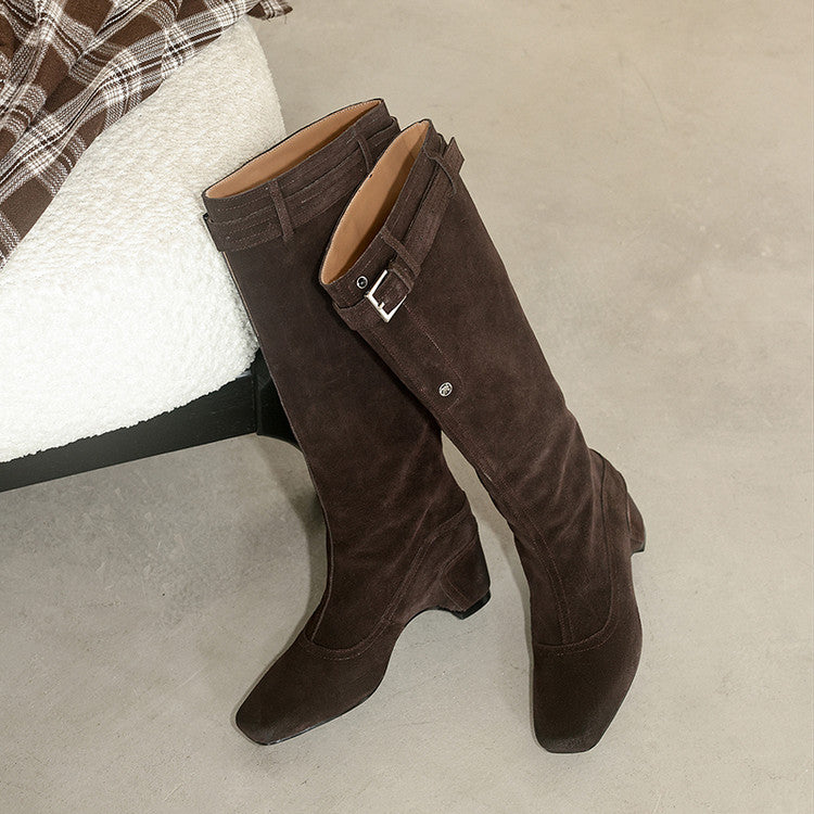 Karin Luna Belt Buckle Elegant Chunky Heel Suede Western Boots