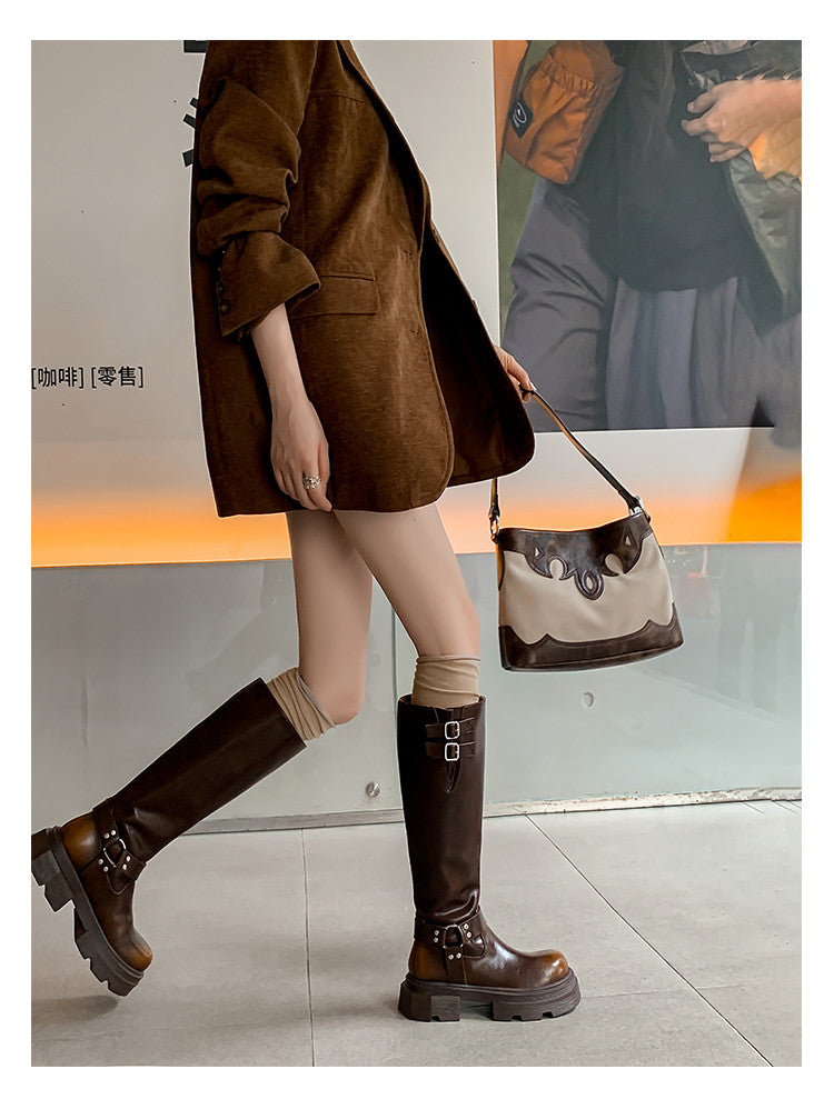 Karin Luna In Stock In Stock  Classic Casual Style Belt Buckle Thick Sole Round Toe Knight Boots Thick Sole