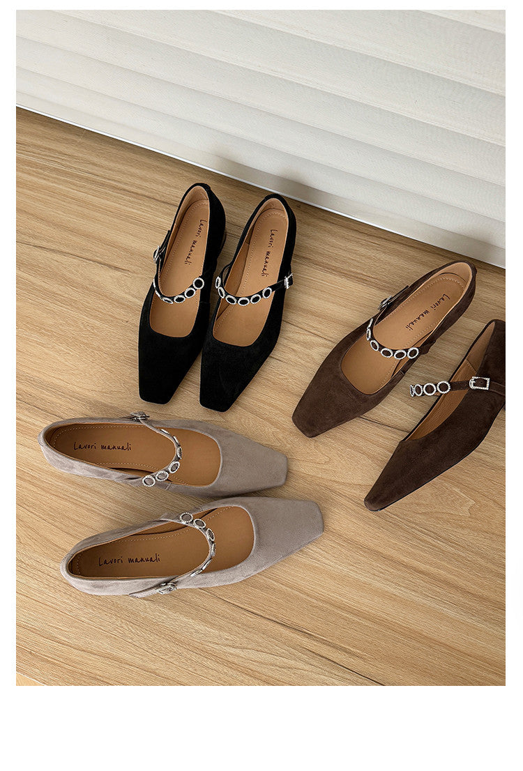 Karin Luna In Stock Spot Goods  Vintage Full Leather Square Toe Rhinestone Strap Shallow Mouth Single Shoes