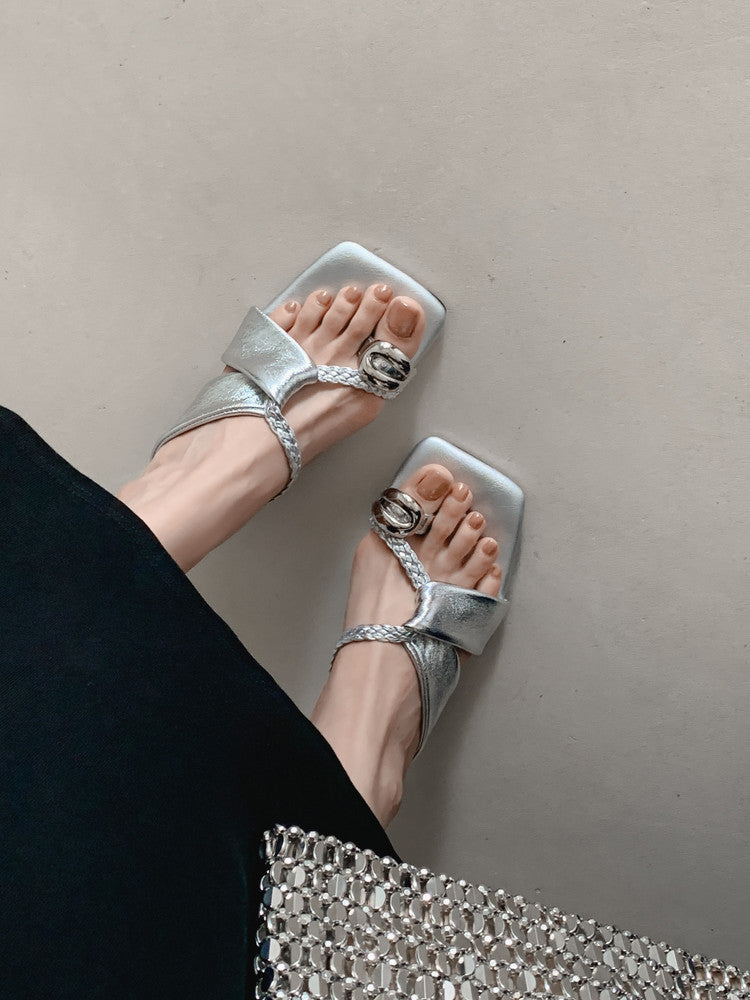 Karin Luna Braided Style ~Cross Strap Square Toe Irregular Heel Slippers