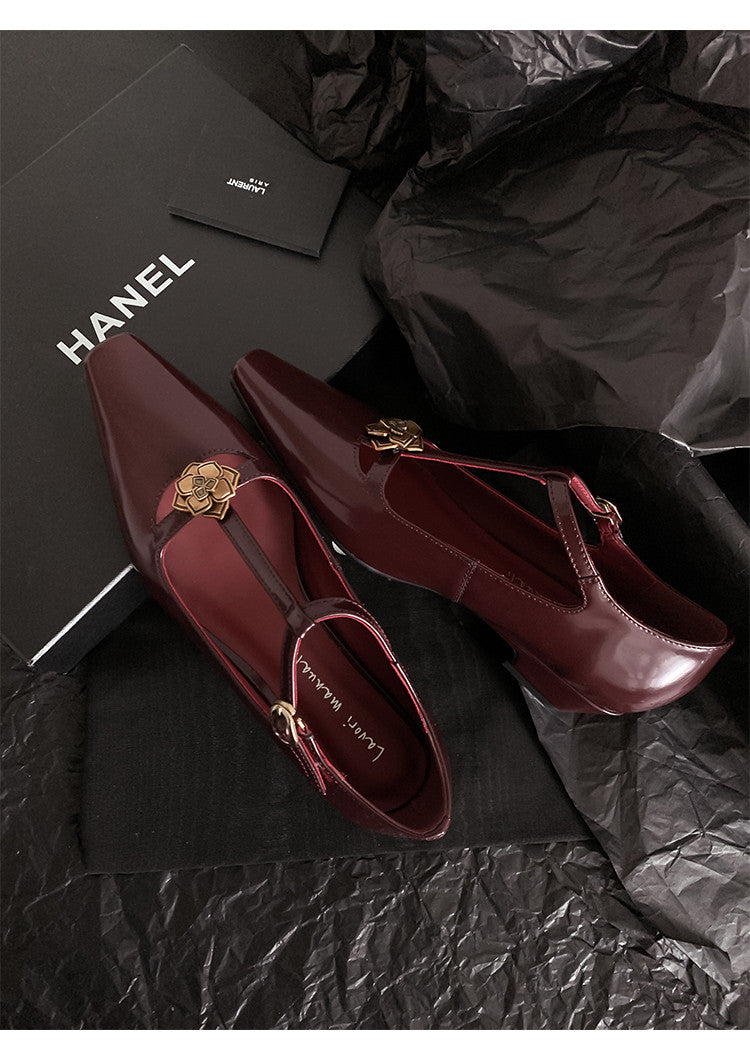 Karin Luna In Stock Spot Goods    Retro Classic Metal Camellia Irregular Heel Single Shoes