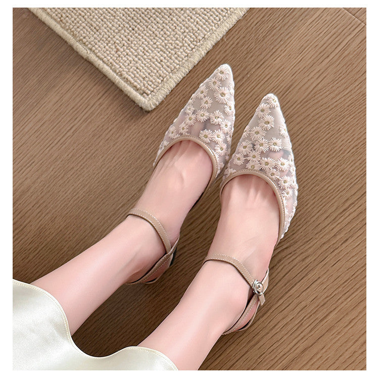 Karin Luna In Stock Spot Goods Embroidered Daisy Sheepskin Mesh Elegant Closed-Toe Slippers