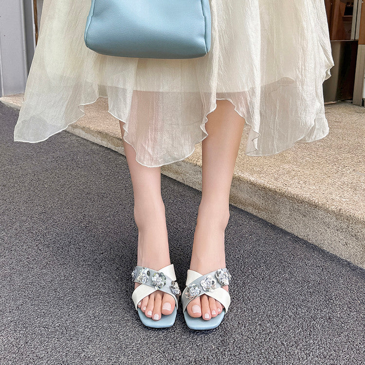 Karin Luna In Stock Spot Goods  Sequin Floral Cross Strap Square Toe Stiletto Slippers