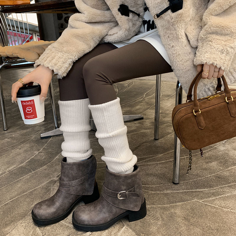 Karin Luna In Stock Spot Goods Versatile Basic Round Toe Belt Buckle Thick Sole Tube Boots