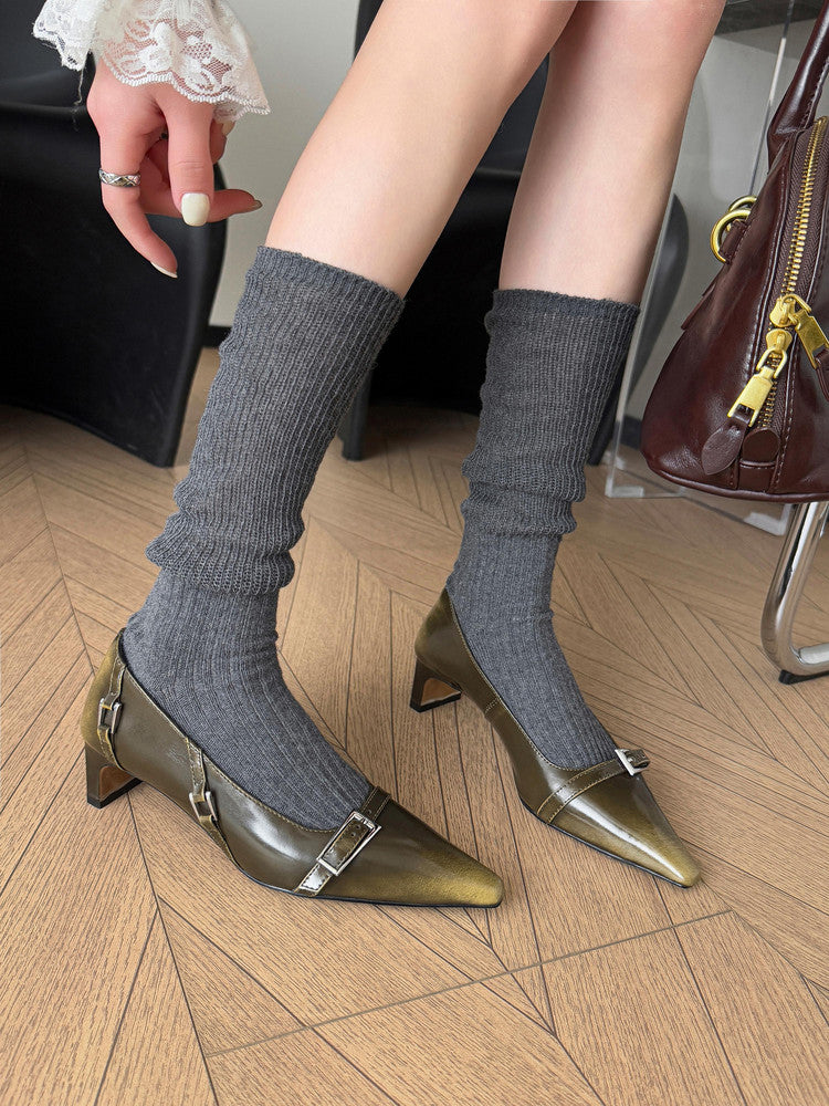 Karin Luna In Stock In Stock Retro Belt Buckle Small Square Toe Chunky Heel Single Shoes