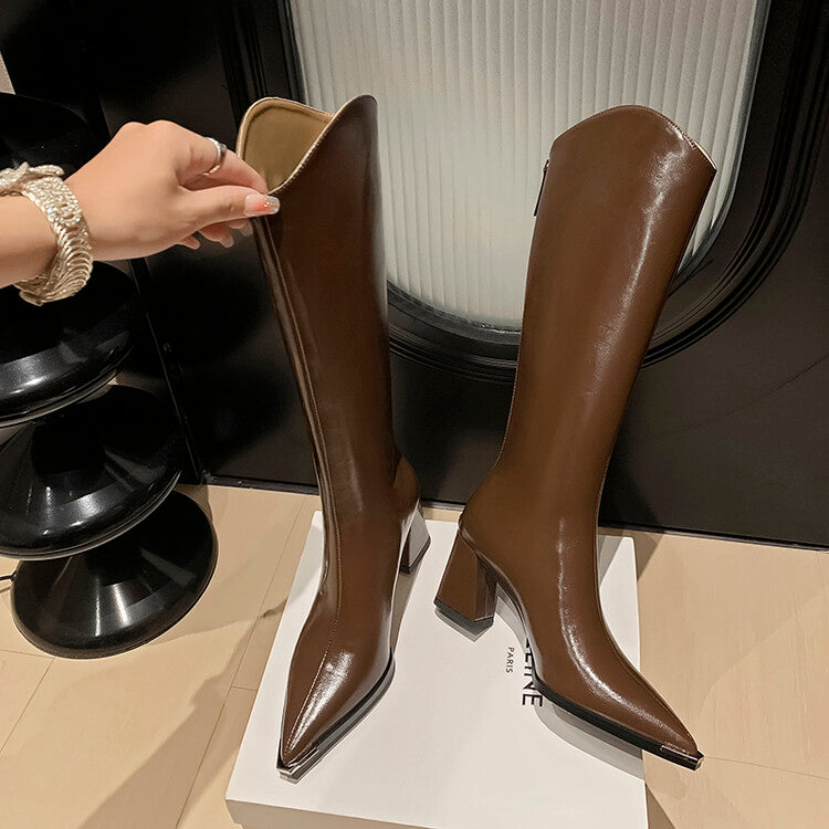 Karin Luna In Stock Spot Goods Elegant Pointed Toe Chunky Heel v Metal Toe Full Cowhide Long Boots