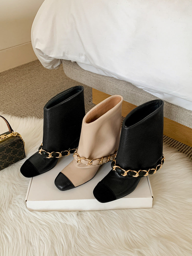 Karin Luna Classic Style Xiangjia Style Chunky Heel Chain Ankle Boots