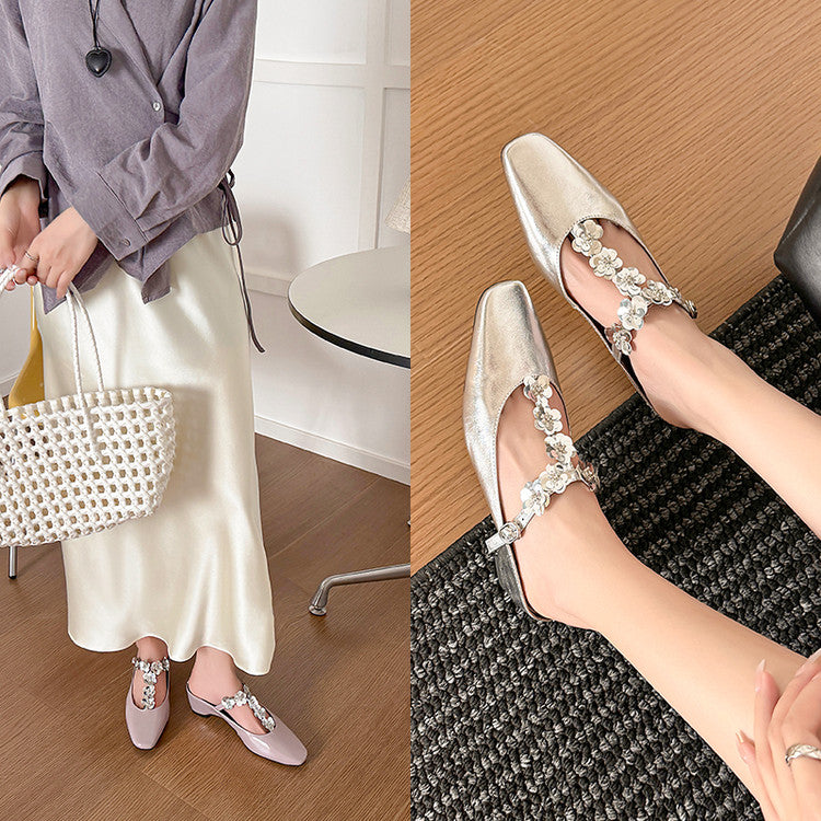 Karin Luna In Stock Spot Goods  T Handmade Sequin Flower Square Toe Height-Increasing Closed-Toe Slippers