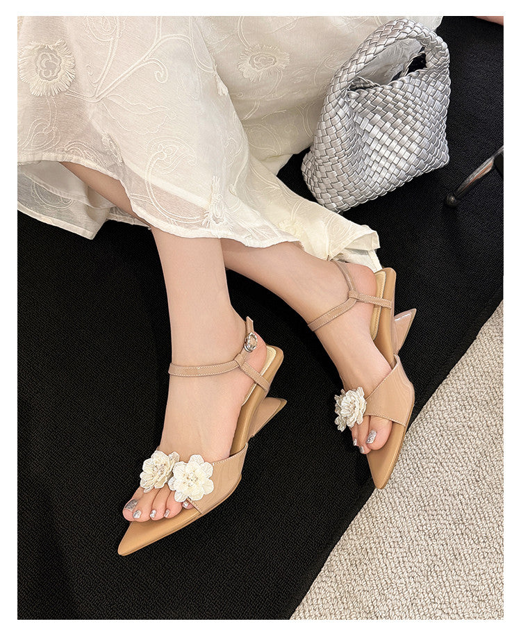 Karin Luna In Stock Spot Goods  Classic Camellia Pointed Toe Elegant Irregular Heel Sandals