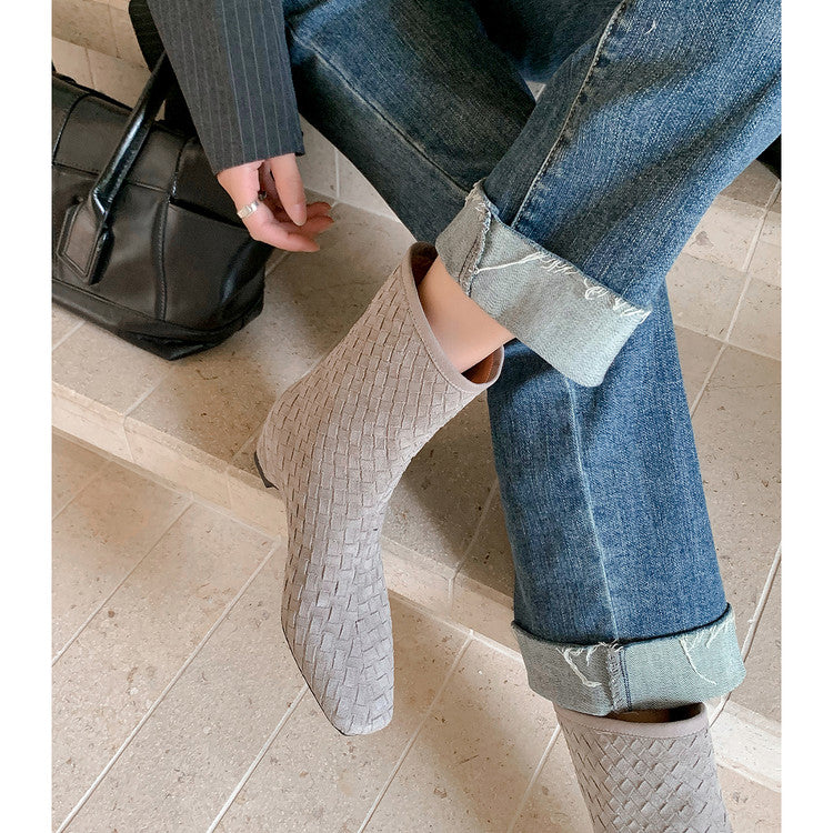 Karin Luna Handmade Woven Fabric Small Square Toe Hidden Heel Short Boots