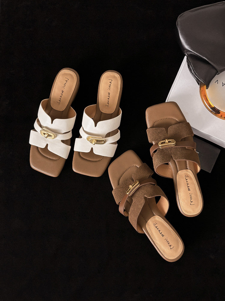 Karin Luna Comfortable Gold Buckle Square Toe Chunky Heel Casual Style Slippers