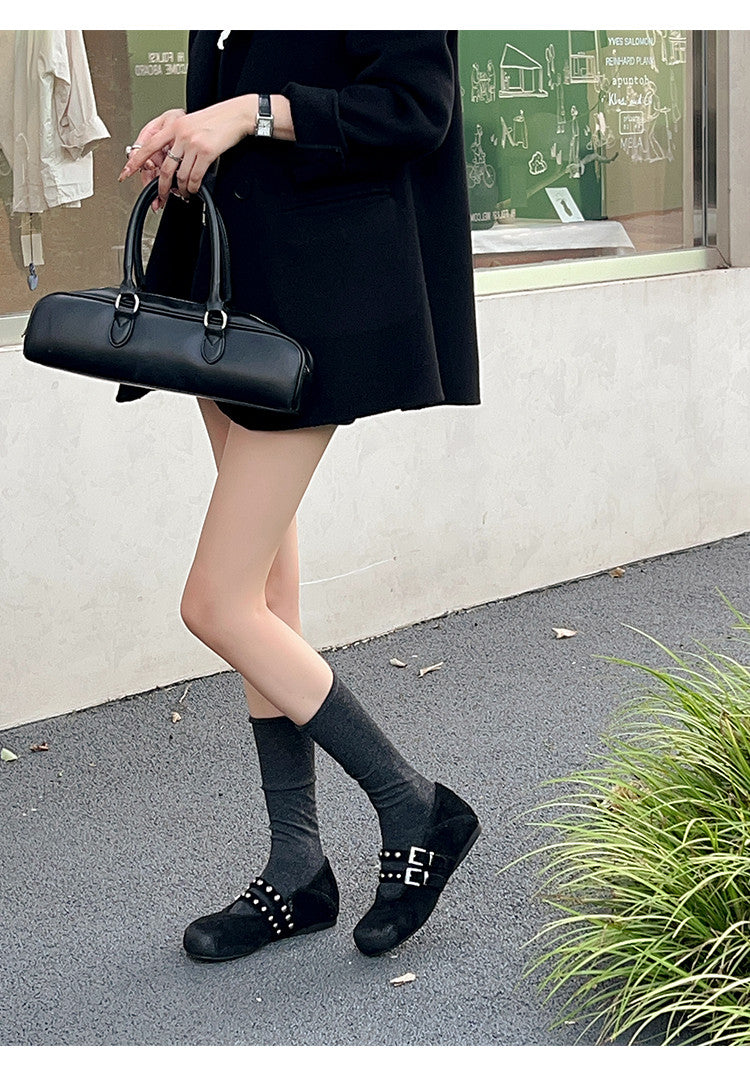 Karin Luna Hot Item Hot Item Punk Style One-Strap Round-Toe Suede Leather Height-Increasing Flats