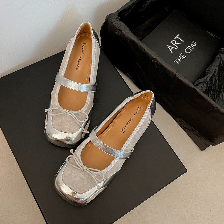 Karin Luna In Stock Spot Goods    Color Block Cowhide Leather Square Toe Slip-On Height Increasing Bowknot Flats