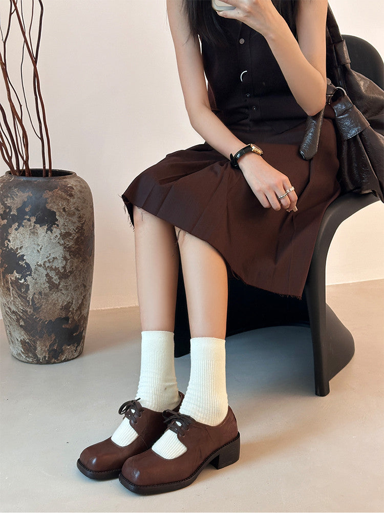 Karin Luna In Stock Spot Goods   Full leather inside and out Vegetable Tanned Hand-Grabbed Sheepskin Square-Toed Chunky Heel Single Shoes