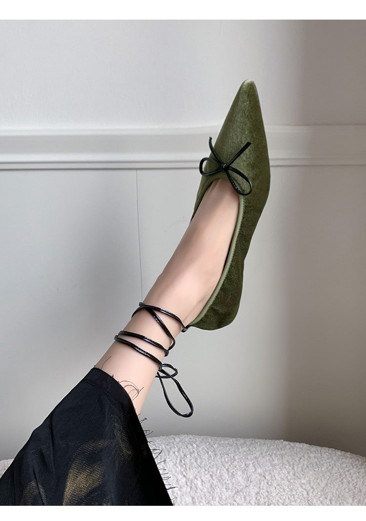 Karin Luna In Stock In Stock Retro Velvet Pointed Toe Bowknot Single Shoes