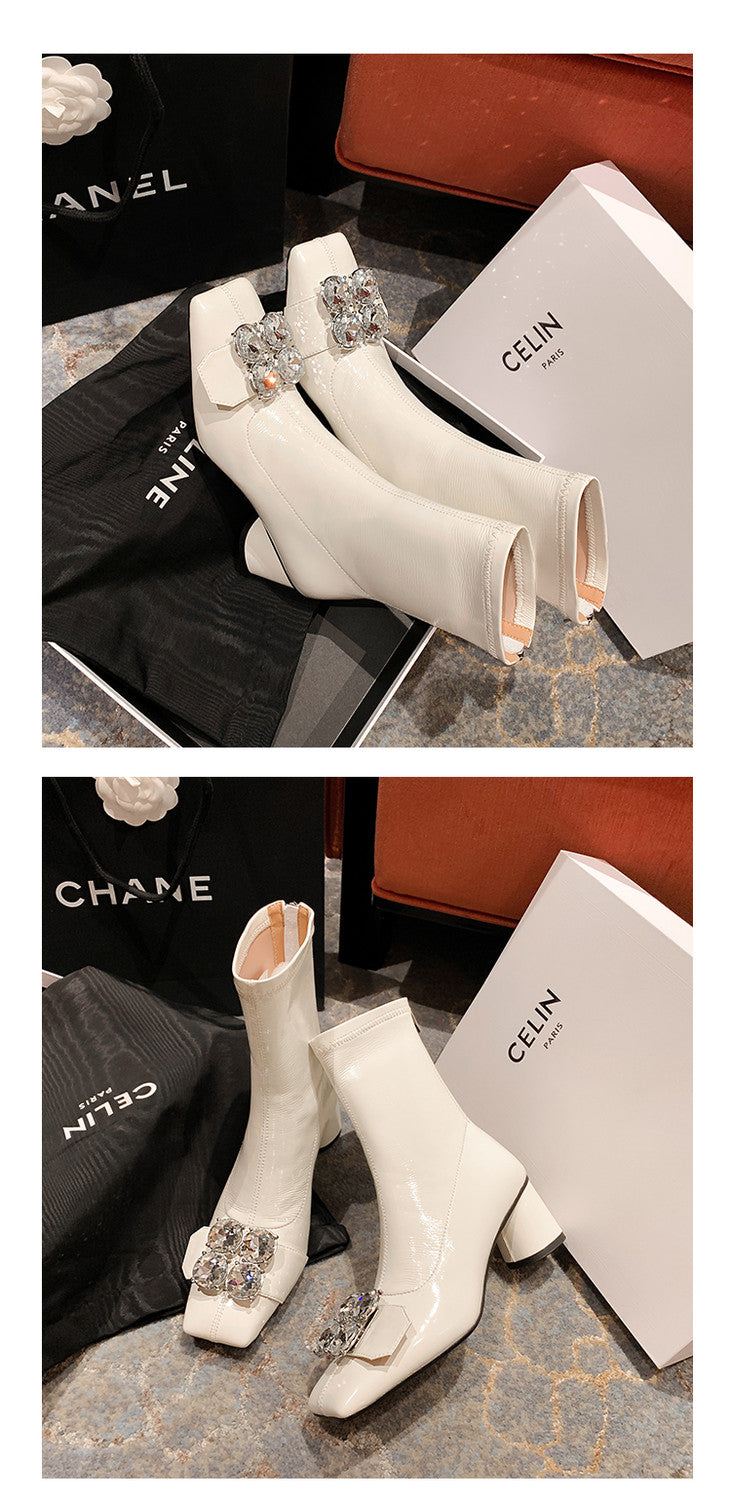 Karin Luna In Stock  Elegant Style Square Toe Rhinestone Chunky Heel Ankle Boots