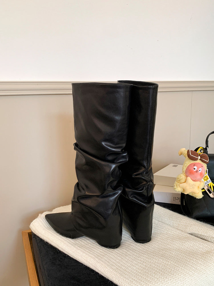 Karin Luna Elegant Style Pointed Toe Hidden Wedge Long Boots