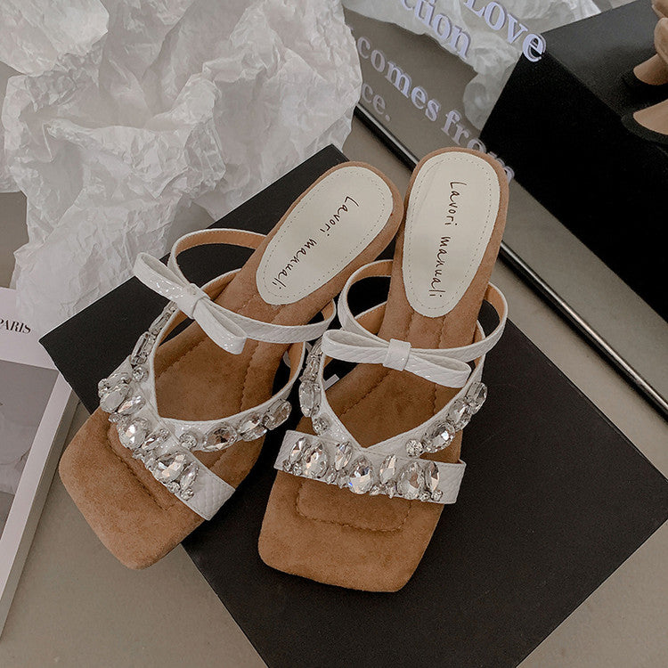 Karin Luna In Stock In Stock  Square Toe Rhinestone Bow Suede Slippers