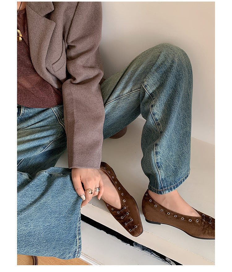 Karin Luna In Stock Spot Goods    Old Money Style Square Toe Suede Flats