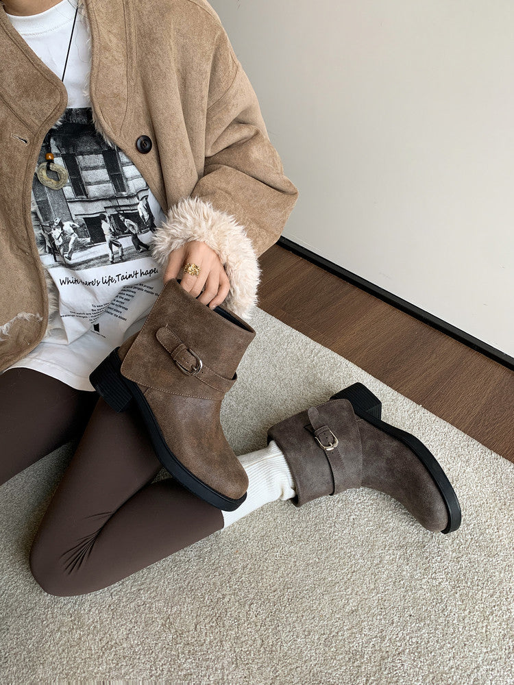 Karin Luna In Stock Spot Goods Versatile Basic Round Toe Belt Buckle Thick Sole Tube Boots
