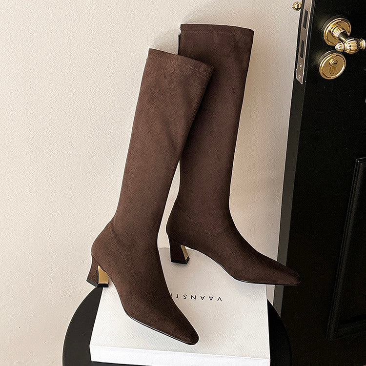 Karin Luna In Stock In Stock  Square Toe Chunky Heel Korean Style Elegant Long Boots