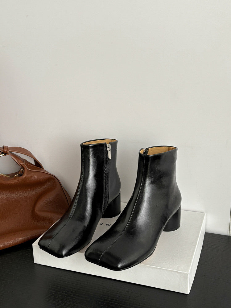 Karin Luna French Style Square Toe Chunky Heel Ankle Boots