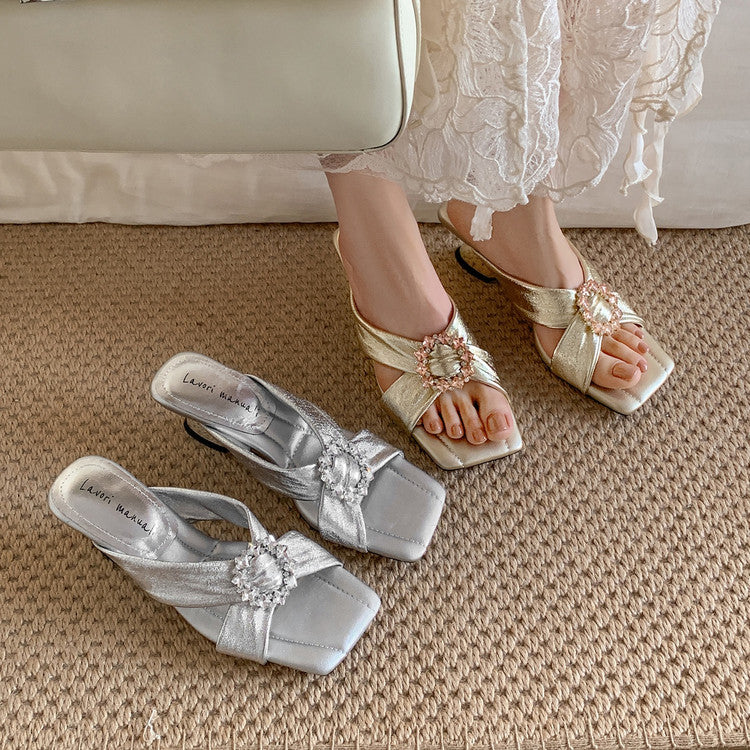 Karin Luna In Stock In Stock Elegant Square-Toe Cross-Strap Rhinestone Square-Toe Slippers