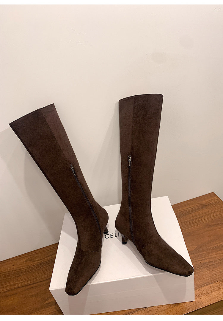 Karin Luna In Stock Spot Goods   Small Square Toe Thin Heel Elegant Slimming Long Boots