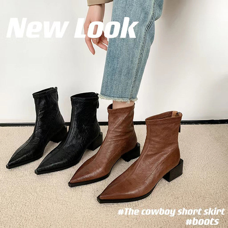 Karin Luna Elegant Style Pointed Toe Chunky Heel Short Boots