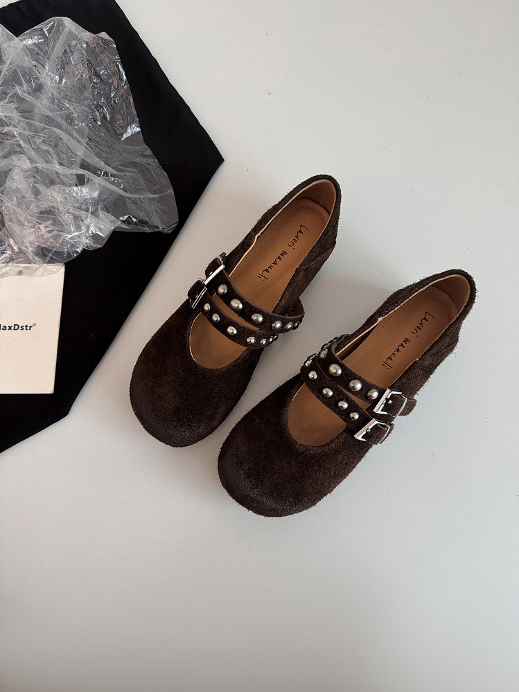 Karin Luna Hot Item Hot Item Punk Style One-Strap Round-Toe Suede Leather Height-Increasing Flats