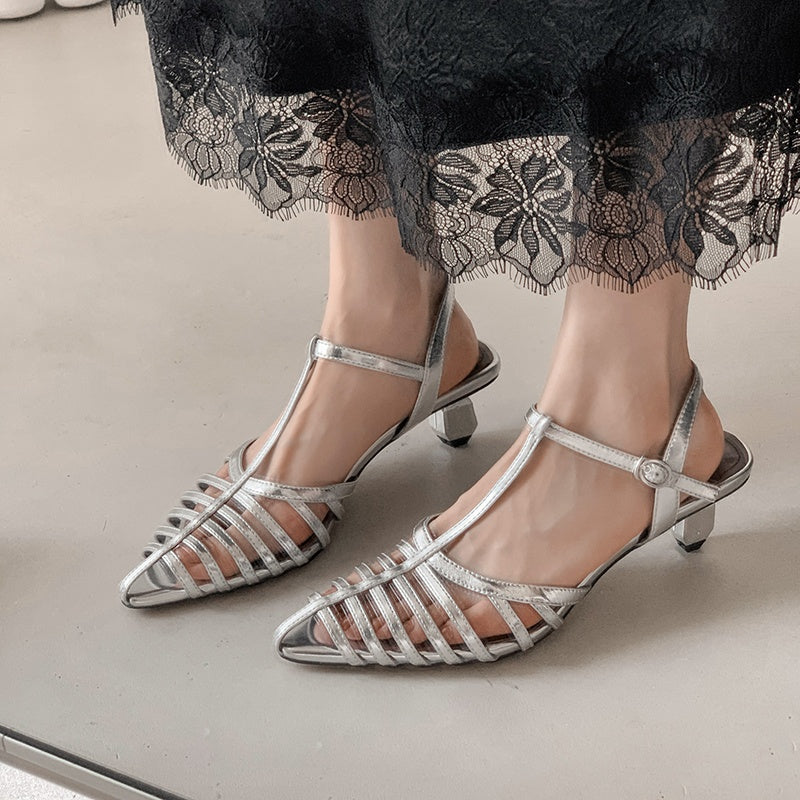 Karin Luna French Hollow Toe Metal Heel Elegant Sandals