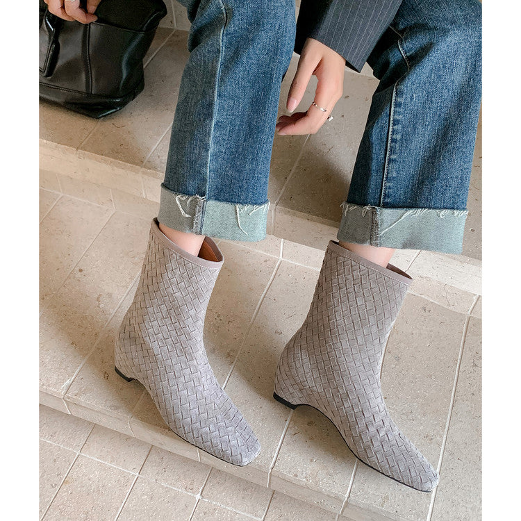 Karin Luna Handmade Woven Fabric Small Square Toe Hidden Heel Short Boots