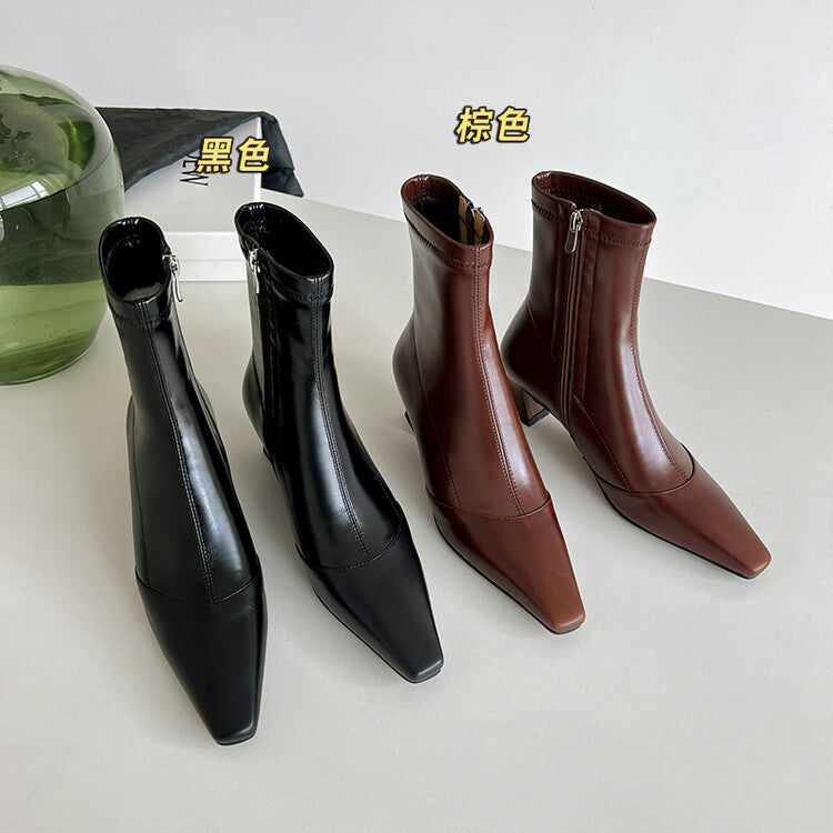 Karin Luna Elegant Small Square Toe Chunky Heel Slim Boots