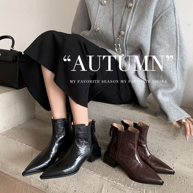 Karin Luna In Stock Spot Goods Elegant Stretch Fabric Patchwork Pointed Toe Chunky Heel Short Boots
