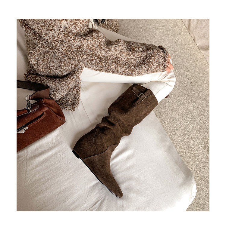 Karin Luna In Stock Spot Goods Vintage Cowhide Leather Chunky Heel Height Increasing Long Boots