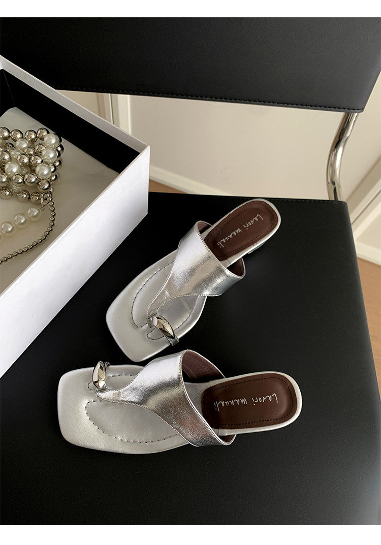 Karin Luna In Stock Spot Goods Clip-toe Square Toe Metal Buckle Minimalist Slippers