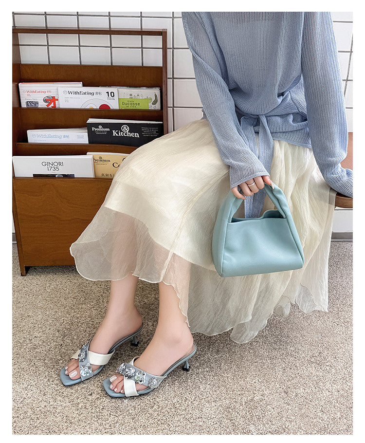 Karin Luna In Stock Spot Goods  Sequin Floral Cross Strap Square Toe Stiletto Slippers