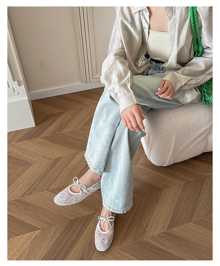 Karin Luna In Stock Spot Goods  Summer Breathable Retro Embroidered Bow Granny Shoes