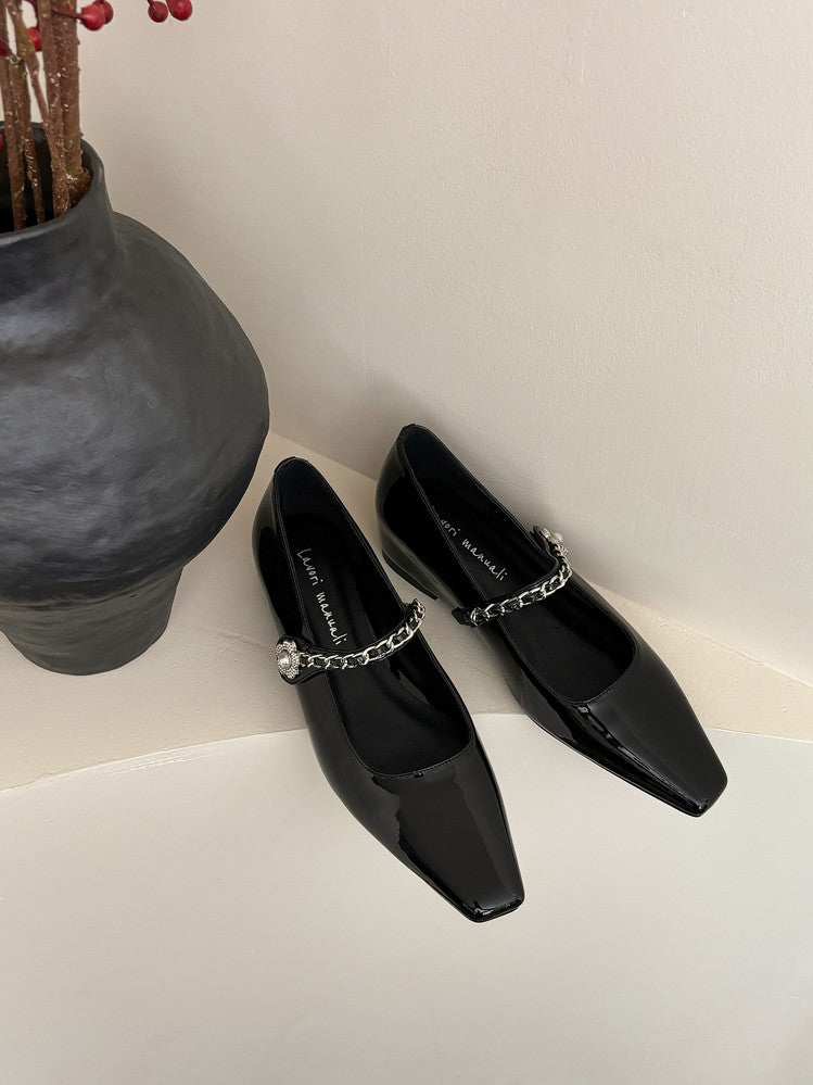 Karin Luna In Stock In Stock ~Metal One-Strap Pearl Small Square Toe Height-Increasing Flats